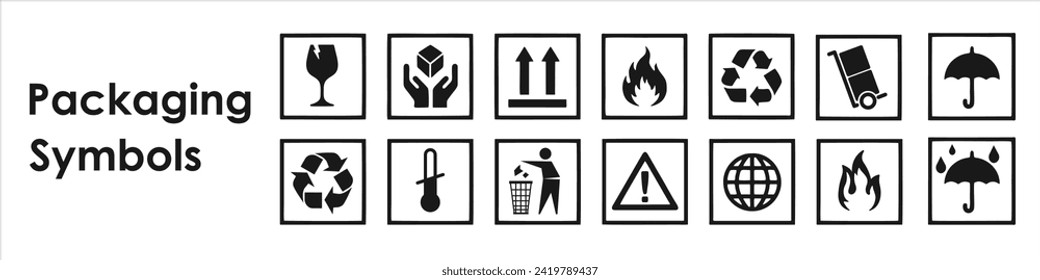 Common packaging warning symbols. Falt packaging icons.