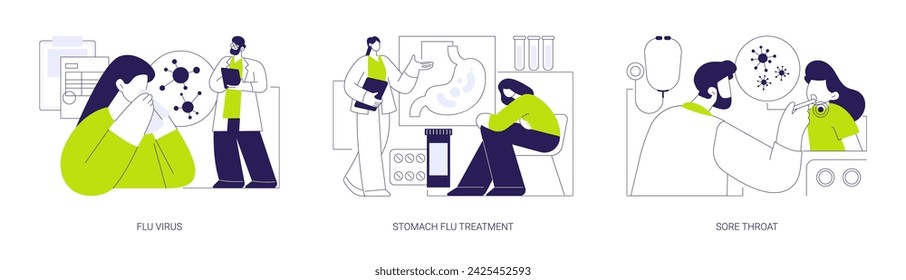 Common patient complaints abstract concept vector illustration set. Flu virus, stomach flu treatment, sore throat, runny nose, family doctors appointment, primary care physician abstract metaphor.