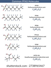 Common PFAS ( Per- and Polyfluoroalkyl Substances) molecules, including PFOS, PFOA, PFNA, PFHxS, PFBS, and HFPO-DA. Vector illustration
