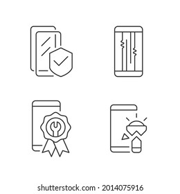 Common phone breakdowns linear icons set. Screen protector. Display issues. Torchlight damage. Customizable thin line contour symbols. Isolated vector outline illustrations. Editable stroke