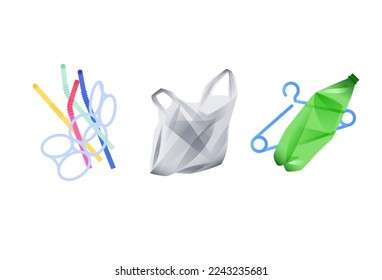 Common plastic waste items. Disposable bag, water bottle, drinking straws. Vector illustration, realistic style, isolated on white. Pollution problem, environment protection concept