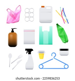 Residuos de plástico comunes. Bolsa desechable, botella de agua, pajita para beber. Ilustración vectorial, estilo realista
