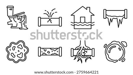 Common plumbing issues. collection of household water damage and pipe problem symbols for repair and maintenance
