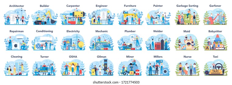 Common profession set. Collection of occupation, male and female worker in the uniform. Builder, engineer, nurse and oilman. Isolated vector illustration in cartoon style