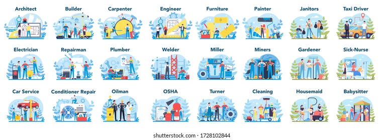 Common profession set. Collection of occupation, male and female worker in the uniform. Builder, engineer, nurse and oilman. Isolated vector illustration in cartoon style