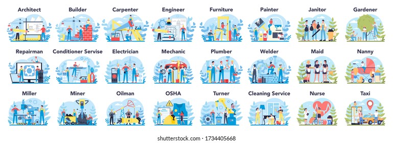 Common profession set. Collection of occupation, male and female worker in the uniform. Builder, engineer, nurse and oilman. Isolated vector illustration in cartoon style