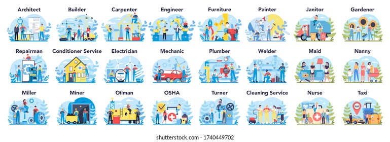 Common profession set. Collection of occupation, male and female worker in the uniform. Builder, engineer, nurse and oilman. Isolated vector illustration in cartoon style