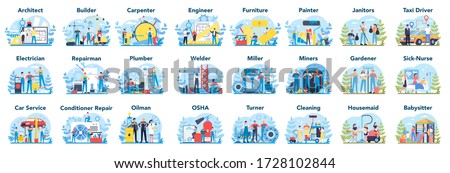 Common profession set. Collection of occupation, male and female worker in the uniform. Builder, engineer, nurse and oilman. Isolated vector illustration in cartoon style