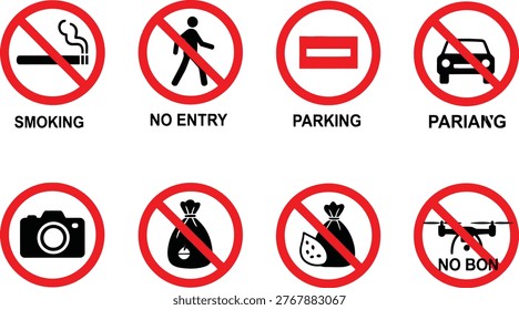 Common prohibited actions and items in restricted areas signage Vector