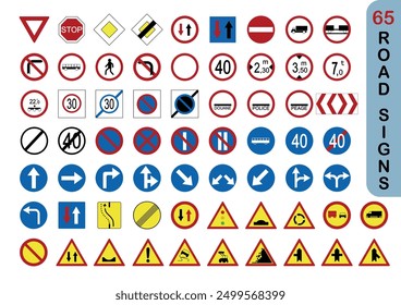 Common road sign icon set, flat design, safe transportation. 65 road signs. Traffic rules.