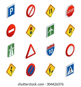 Common road traffic regulatory and warning signs symbols to learn  isometric icons set abstract vector illustration