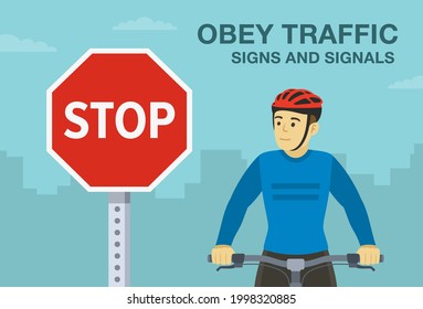 Common safety bicycle driving rules.  Close-up front view of cycling bike rider on the city road. Obey traffic signs and signals warning design. Flat vector illustration template.