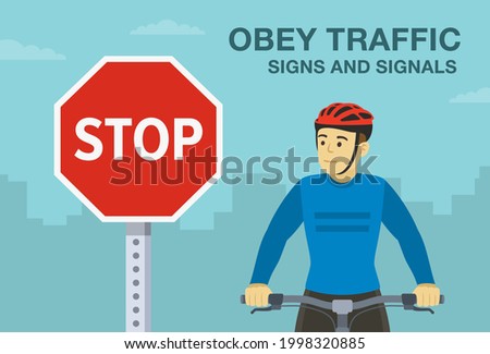 Common safety bicycle driving rules.  Close-up front view of cycling bike rider on the city road. Obey traffic signs and signals warning design. Flat vector illustration template.