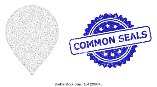 Common Seals grunge Stempel und Vektorkarte Zeiger-Maschenmodell. Die blaue Stempelmarke trägt die Marke Common Seals in Rosette. Abstrakter Flachmaschen-Kartenzeiger, erstellt aus Flachmaschen.