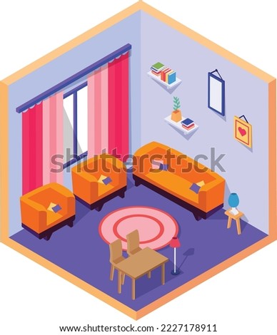 common sitting room equipped with sofa set Concept, Lounge area vector color isometric icon design, compact living space symbol, Interior Decoration Sign, low poly home office rooms stock illustration