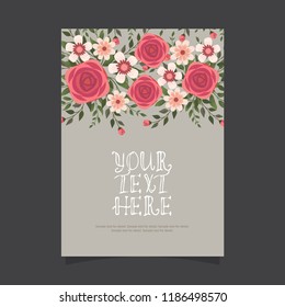 Common size of floral greeting card and invitation template for wedding or birthday anniversary, Vector shape of text box label and frame, Red rose flowers wreath ivy style with branch and leaves.