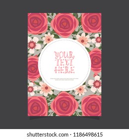 Common size of floral greeting card and invitation template for wedding or birthday anniversary, Vector shape of text box label and frame, Red rose flowers wreath ivy style with branch and leaves.