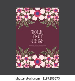Common size of floral greeting card and invitation template for wedding or birthday anniversary, Vector shape of text box label and frame, Pink flowers wreath ivy style with branch and leaves.