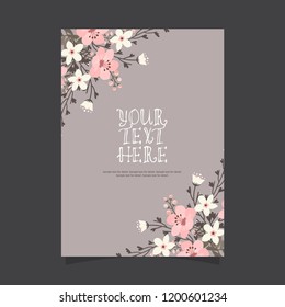 Common size of floral greeting card and invitation template for wedding or birthday anniversary, Vector shape of text box label and frame, Pink flowers wreath ivy style with branch and leaves.