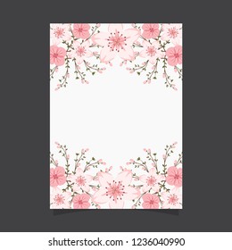 Common size of floral greeting card and invitation template for wedding or birthday anniversary, Vector shape of text box label and frame, Pink sakura flowers wreath ivy style with branch and leaves.