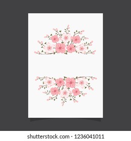 Common size of floral greeting card and invitation template for wedding or birthday anniversary, Vector shape of text box label and frame, Pink sakura flowers wreath ivy style with branch and leaves.