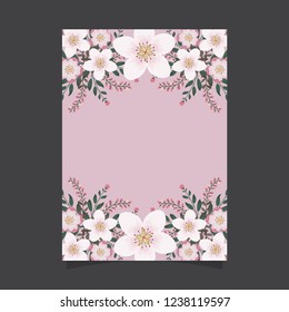 Common size of floral greeting card and invitation template for wedding or birthday anniversary, Vector shape of text box label and frame, Pink sakura flowers wreath ivy style with branch and leaves.