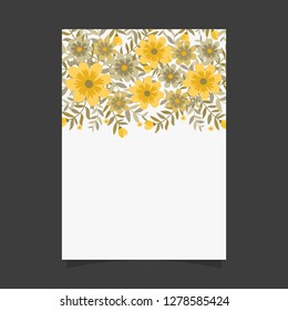 Common size of floral greeting card and invitation template for wedding or birthday anniversary, Vector shape of text box label and frame, Yellow flowers wreath ivy style with branch and leaves.