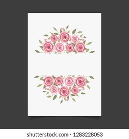 Common size of floral greeting card and invitation template for wedding or birthday anniversary, Vector shape of text box label and frame, Rose flowers wreath ivy style with branch and leaves.