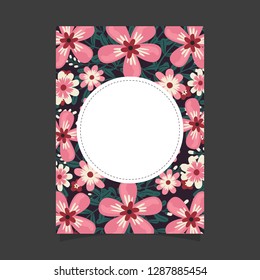 Common size of floral greeting card and invitation template for wedding or birthday anniversary, Vector shape of text box label and frame, Pink flowers wreath ivy style with branch and leaves.