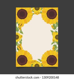 Common size of floral greeting card and invitation template for wedding or birthday anniversary, Vector shape of text box label and frame, Yellow sunflowers wreath ivy style with branch and leaves.