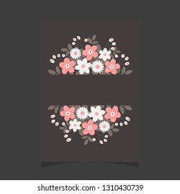 Common size of floral greeting card and invitation template for wedding or birthday anniversary, Vector shape of text box label and frame, Pink flowers wreath ivy style with branch and leaves.