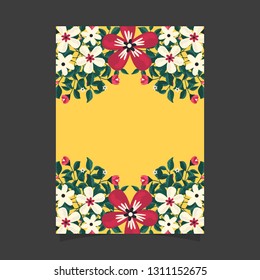 Common size of floral greeting card and invitation template for wedding or birthday anniversary, Vector shape of text box label and frame, Red flowers wreath ivy style with branch and leaves.