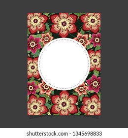 Common size of floral greeting card and invitation template for wedding or birthday anniversary, Vector shape of text box label and frame, Pink flowers wreath ivy style with branch and leaves.