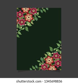 Common size of floral greeting card and invitation template for wedding or birthday anniversary, Vector shape of text box label and frame, Pink flowers wreath ivy style with branch and leaves.