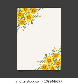 Common size of floral greeting card and invitation template for wedding or birthday anniversary, Vector shape of text box label and frame, Yellow flowers wreath ivy style with branch and leaves.