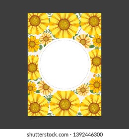 Common size of floral greeting card and invitation template for wedding or birthday anniversary, Vector shape of text box label and frame, Yellow flowers wreath ivy style with branch and leaves.