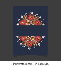 Common size of floral greeting card and invitation template for wedding or birthday anniversary, Vector shape of text box label and frame, Red flowers wreath ivy style with branch and leaves.