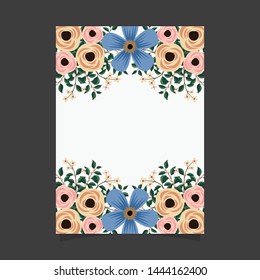 Common size of floral greeting card and invitation template for wedding or birthday anniversary, Vector shape of text box label and frame, Blue flowers wreath ivy style with branch and leaves.