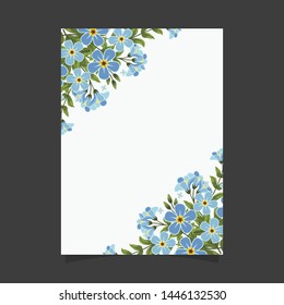 Common size of floral greeting card and invitation template for wedding or birthday anniversary, Vector shape of text box label and frame, Blue flowers wreath ivy style with branch and leaves.