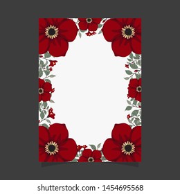 Common size of floral greeting card and invitation template for wedding or birthday anniversary, Vector shape of text box label and frame, Red flowers wreath ivy style with branch and leaves.