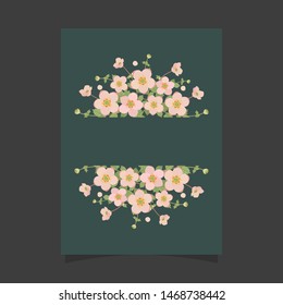 Common size of floral greeting card and invitation template for wedding or birthday anniversary, Pink botanical flowers wreath ivy style with branch and leaves.