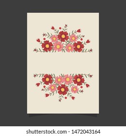 Common size of floral greeting card and invitation template for wedding or birthday anniversary, Red portulaca flowers wreath ivy style with branch and leaves.
