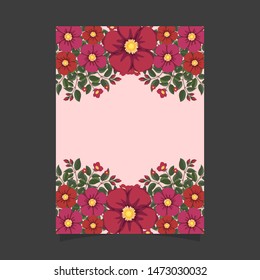 Common size of floral greeting card and invitation template for wedding or birthday anniversary, Red and pink flowers wreath ivy style with branch and leaves.