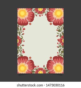 Common size of floral greeting card and invitation template for wedding or birthday anniversary, Red rosa gallica flowers wreath ivy style with branch and leaves.
