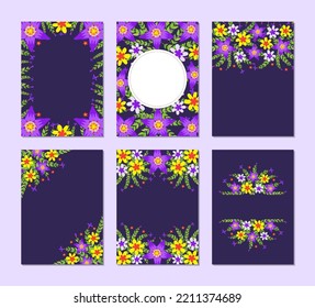 Common size of floral greeting card and invitation template for wedding or birthday anniversary, Vector shape of text box label and frame, Purple flowers wreath ivy style with branch and leaves.