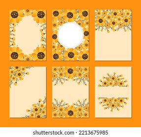 Common size of floral greeting card and invitation template for wedding or birthday anniversary, Vector shape of text box label and frame, Yellow daisy flowers wreath ivy style with branch and leaves.