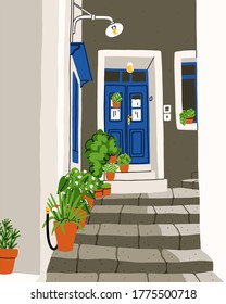 Common South European street, tiny and cozy with a lot of plants, white walls and colorful doors, summer vector illustration