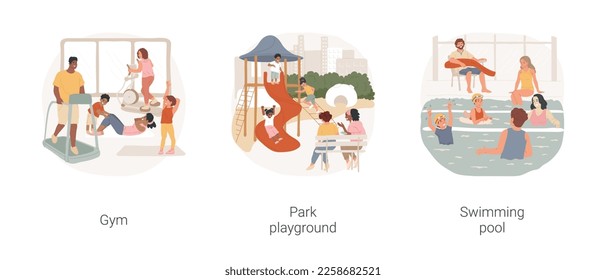 Common sport amenities isolated cartoon vector illustration set. Community fitness club, residential area gym, local park playground, suburban residential area, swimming pool vector cartoon.