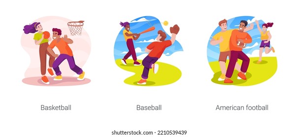 Common sport facilities isolated cartoon vector illustration set. Community basketball playground, people play in suburban area, public baseball court, american football field vector cartoon.