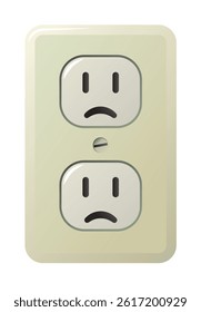 A common standard north amareican electrical outlet with a frowning face made from the plug holes.
